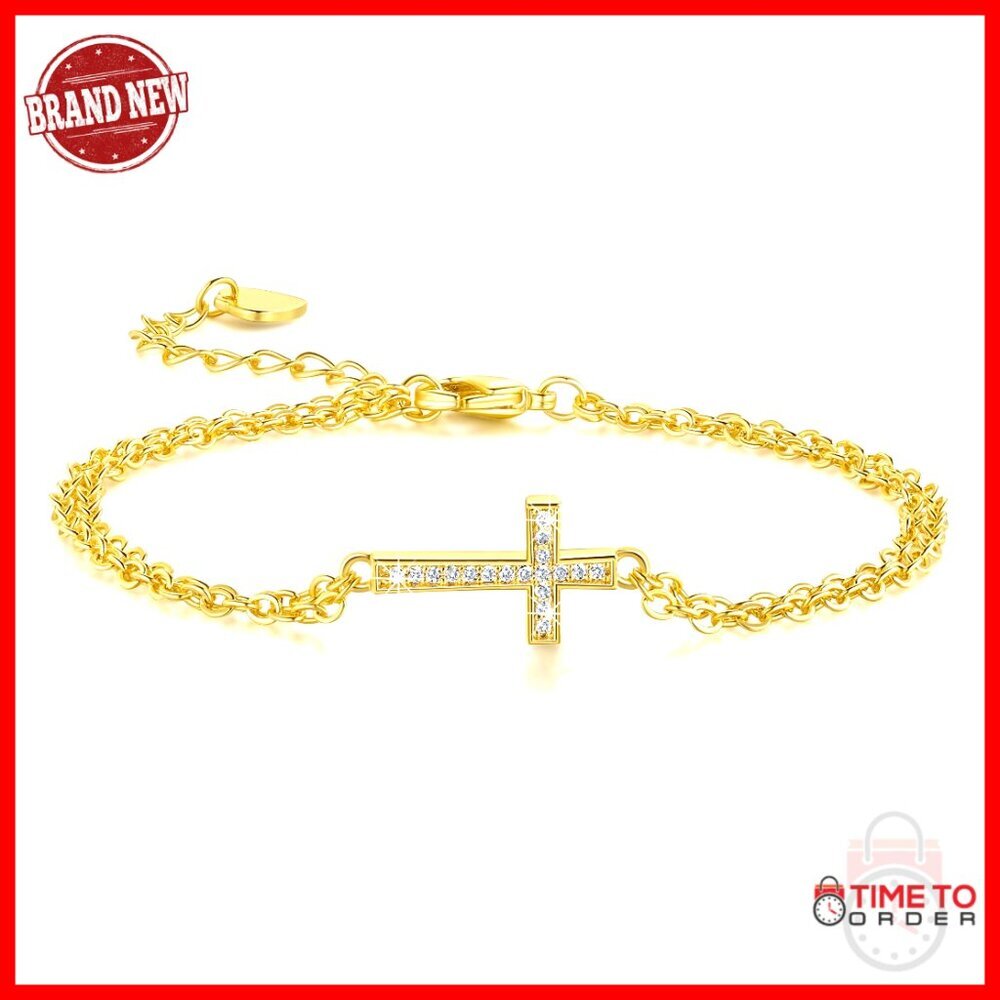 14K Gold Layered Bracelet Elegant Minimal Adjustable Cross Design Cubic Zirconia
